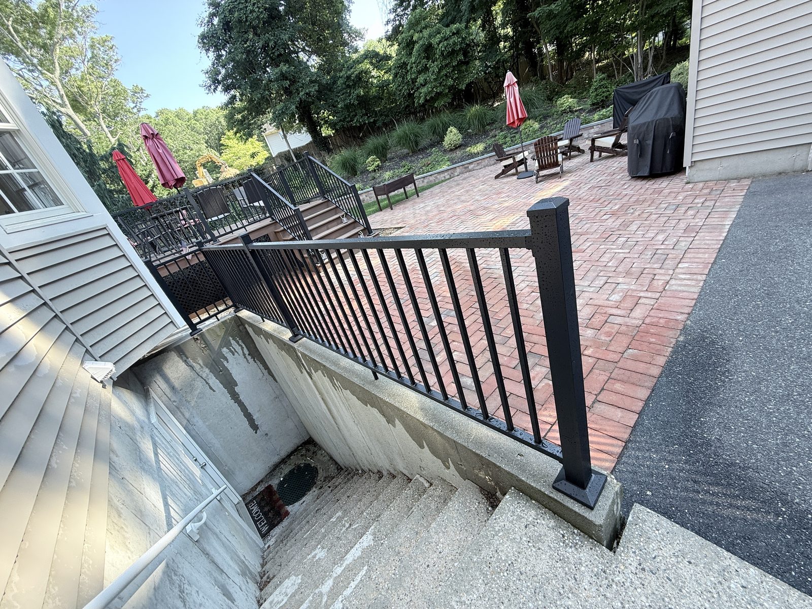 Finished black metal exterior railing